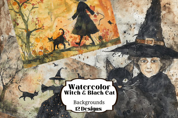 Download Watercolor Witch Black Cat Illustrations - Illustration Collection