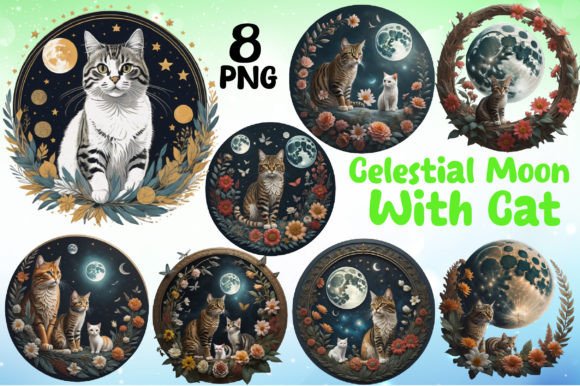 Download Celestial Moon with Cat Illustrations - Illustration Collection