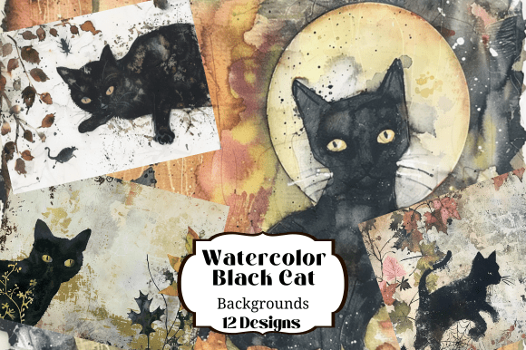 Download 12 Watercolor Black Cat Illustrations - Illustration Collection