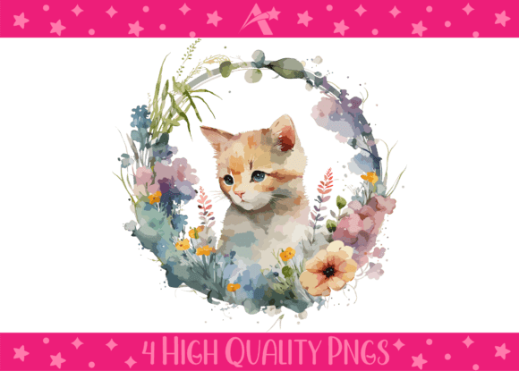 Download Watercolor Floral Kitten Illustrations - Illustration Collection