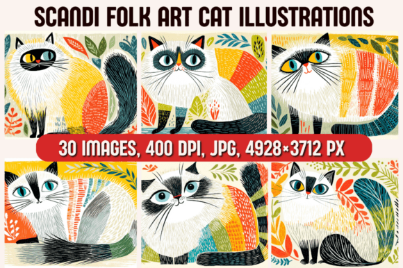 Download Scandi Folk Art Cat Illustrations - Illustration Collection